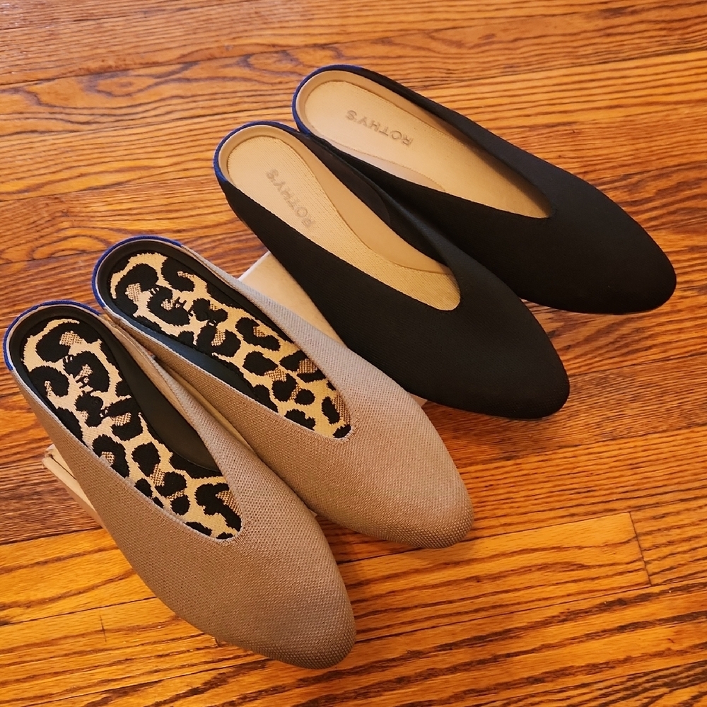 2 Pairs Rothy's Black and Tan Flats Mules Size 10